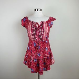 Polly Red Floral Paisley Mini Dress Women Size 12 Boho